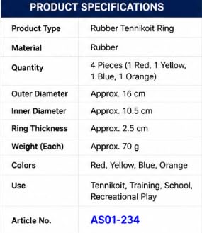 Rubber Tennikoit Ring Set, 4 Pcs, Red Yellow Blue Orange, 16 cm