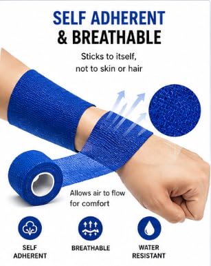 Self Adhesive Cohesive Bandage Wrap 7.5cm x 4.5m, Pack of 12, Breathable Elastic Self Adherent Sports Wrap, Easy Tear Compression Bandage for Training, Fitness & Everyday Use, Assorted Colors