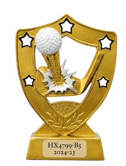 Golf Trophy Award, Gold Shield Shape with Star Accents