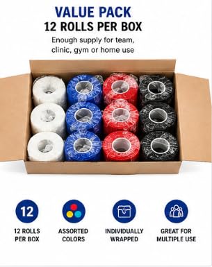 Self Adhesive Cohesive Bandage Wrap 7.5cm x 4.5m, Pack of 12, Breathable Elastic Self Adherent Sports Wrap, Easy Tear Compression Bandage for Training, Fitness & Everyday Use, Assorted Colors