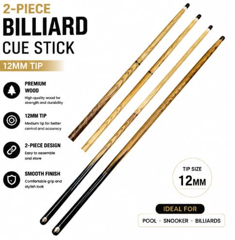 FALAH 2-Piece Wooden Billiard Cue Stick with 12mm Tip