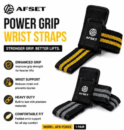 AFSET Power Grip Wrist Straps for Weightlifting, Pair black yellow