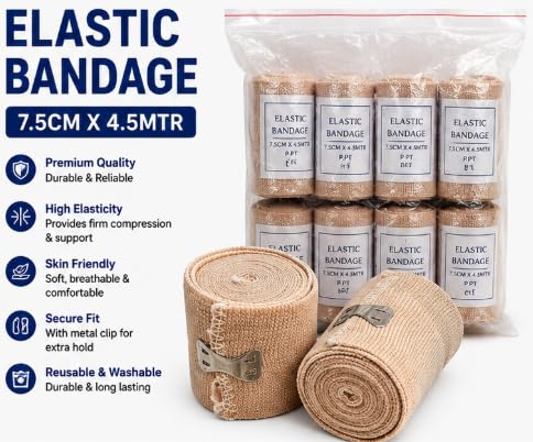 Elastic Bandage 7.5cm x 4.5m with Metal Clip, Pack of 8