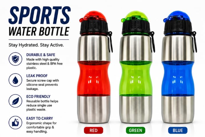 Sports Water Bottle Pack of 6 Stainless Steel & BPA Free