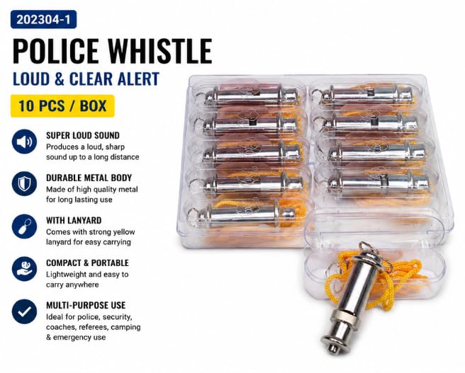 Whistle Loud & Clear Alert, Metal Body with Lanyard, 10 Pcs