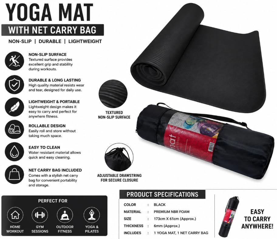 Yoga Mat with Net Carry Bag, Non-Slip, Durable & Lightweight