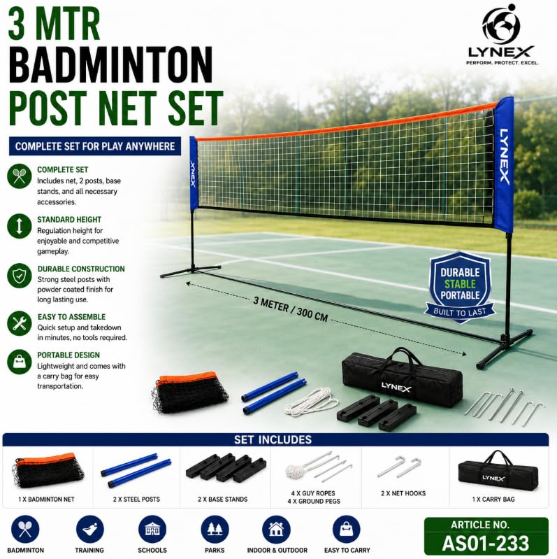LYNEX Badminton Post Net Set, 3 Meter, Steel Posts with Carry Bag