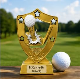 Golf Trophy Award, Gold Shield Shape with Star Accents