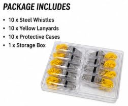 Steel Coach Whistle Set of 10 with Yellow Lanyards & Storage Cases