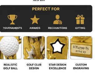 Golf Trophy Award, Gold Shield Shape with Star Accents