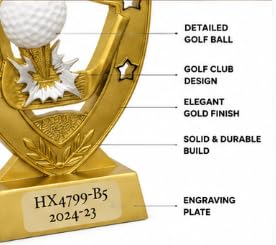 Golf Trophy Award, Gold Shield Shape with Star Accents