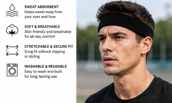 Sports Headband Soft Cotton Sweat Band for Gym & Running black