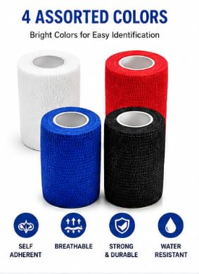 Self Adhesive Cohesive Bandage Wrap 7.5cm x 4.5m, Pack of 12, Breathable Elastic Self Adherent Sports Wrap, Easy Tear Compression Bandage for Training, Fitness & Everyday Use, Assorted Colors
