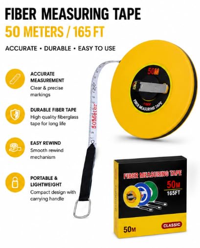 Fiber Measuring Tape, 50M/165FT, Classic Yellow