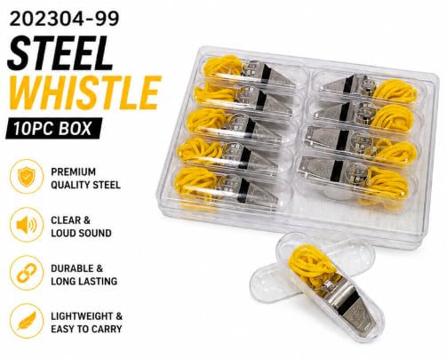 Steel Coach Whistle Set of 10 with Yellow Lanyards & Storage Cases