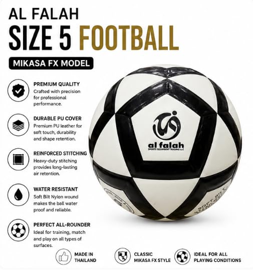 Al Falah Size 5 Football Mikasa FX Model Black & White