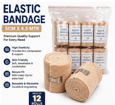 Elastic Bandage 5cm x 4.5m with Metal Clip, Pack of 12 Rolls