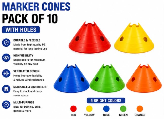 Flat Training Cones for Football Basketball & Agility Pack of 10
