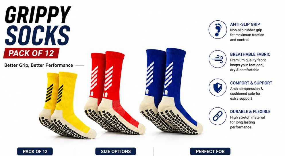 Grippy Socks Pack of 12, Non-Slip Sports Socks