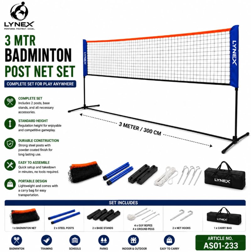 LYNEX Badminton Post Net Set, 3 Meter, Steel Posts with Carry Bag