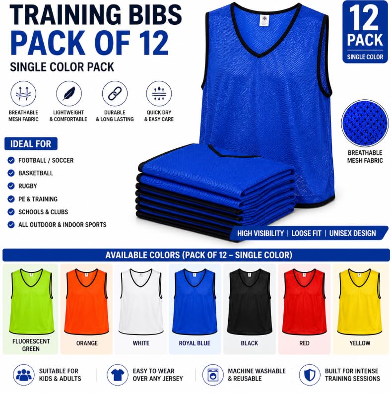 Training Bibs Pack of 12 Single Color Mesh Sports Vests