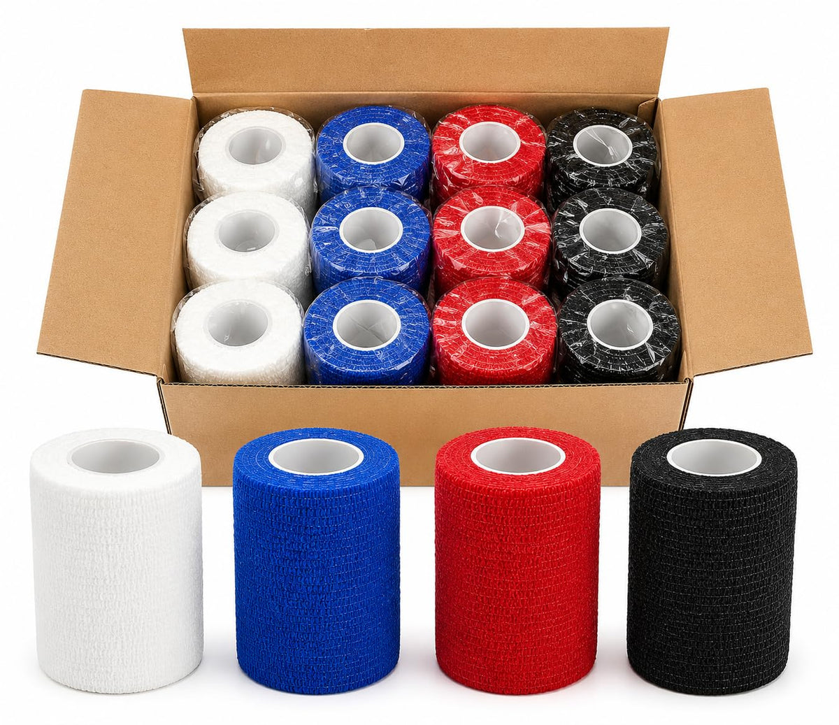 Self Adhesive Cohesive Bandage Wrap 7.5cm x 4.5m, Pack of 12, Breathable Elastic Self Adherent Sports Wrap, Easy Tear Compression Bandage for Training, Fitness & Everyday Use, Assorted Colors