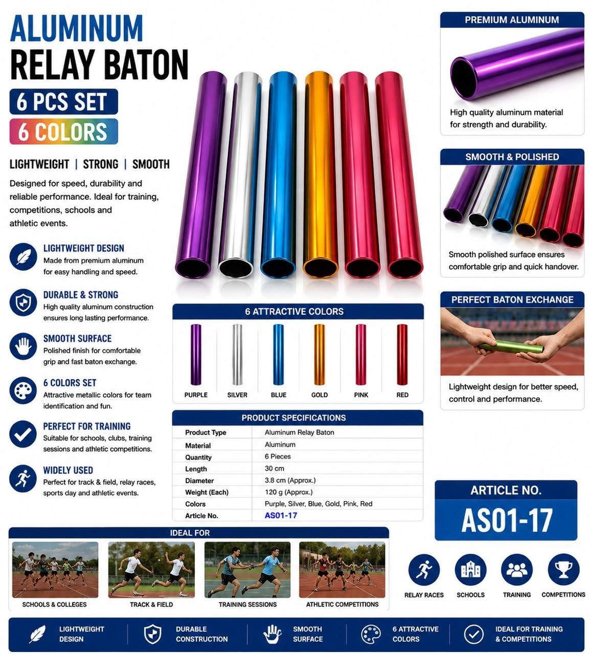 Aluminum Relay Baton Set, 30 cm, 6 Colors, Pack of 6
